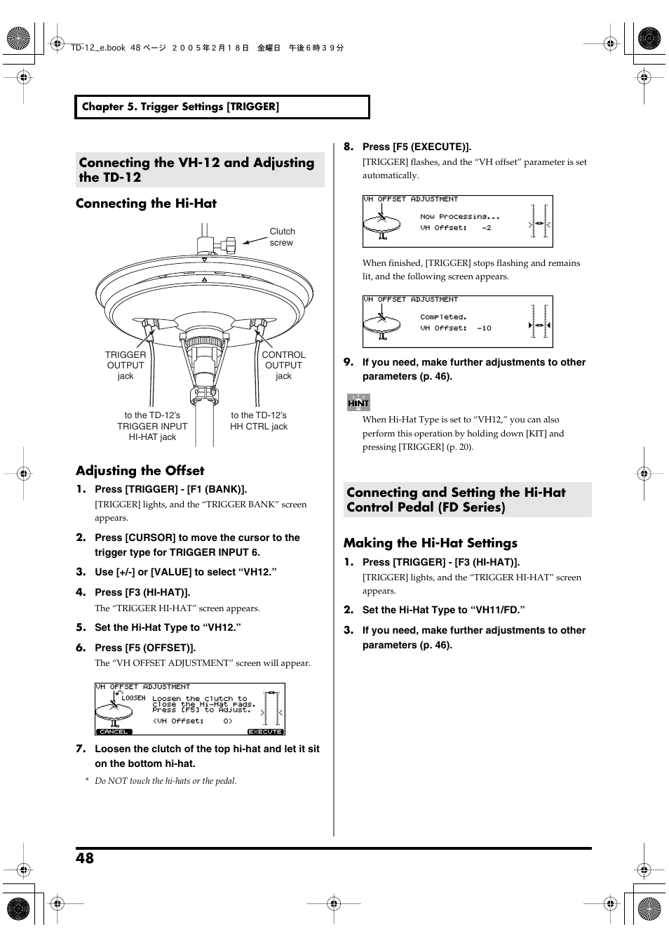 Connecting the vh-12 and adjusting the td-12, Connecting the hi-hat, Adjusting the offset | Making the hi-hat settings | Roland TD-12 User Manual | Page 48 / 108