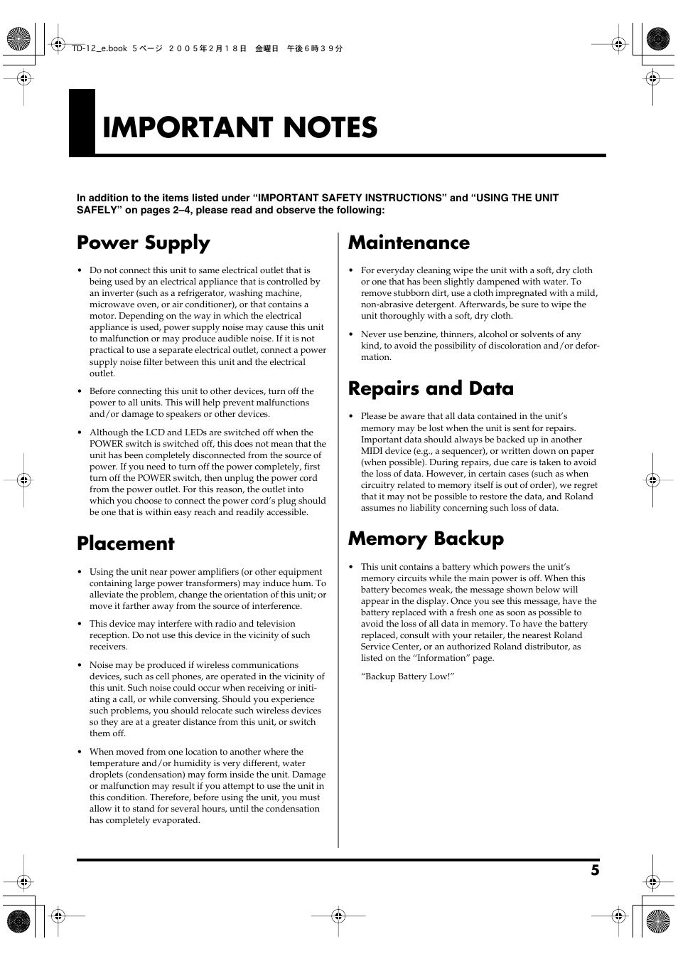 Important notes, Power supply, Placement | Maintenance, Repairs and data | Roland TD-12 User Manual | Page 5 / 108