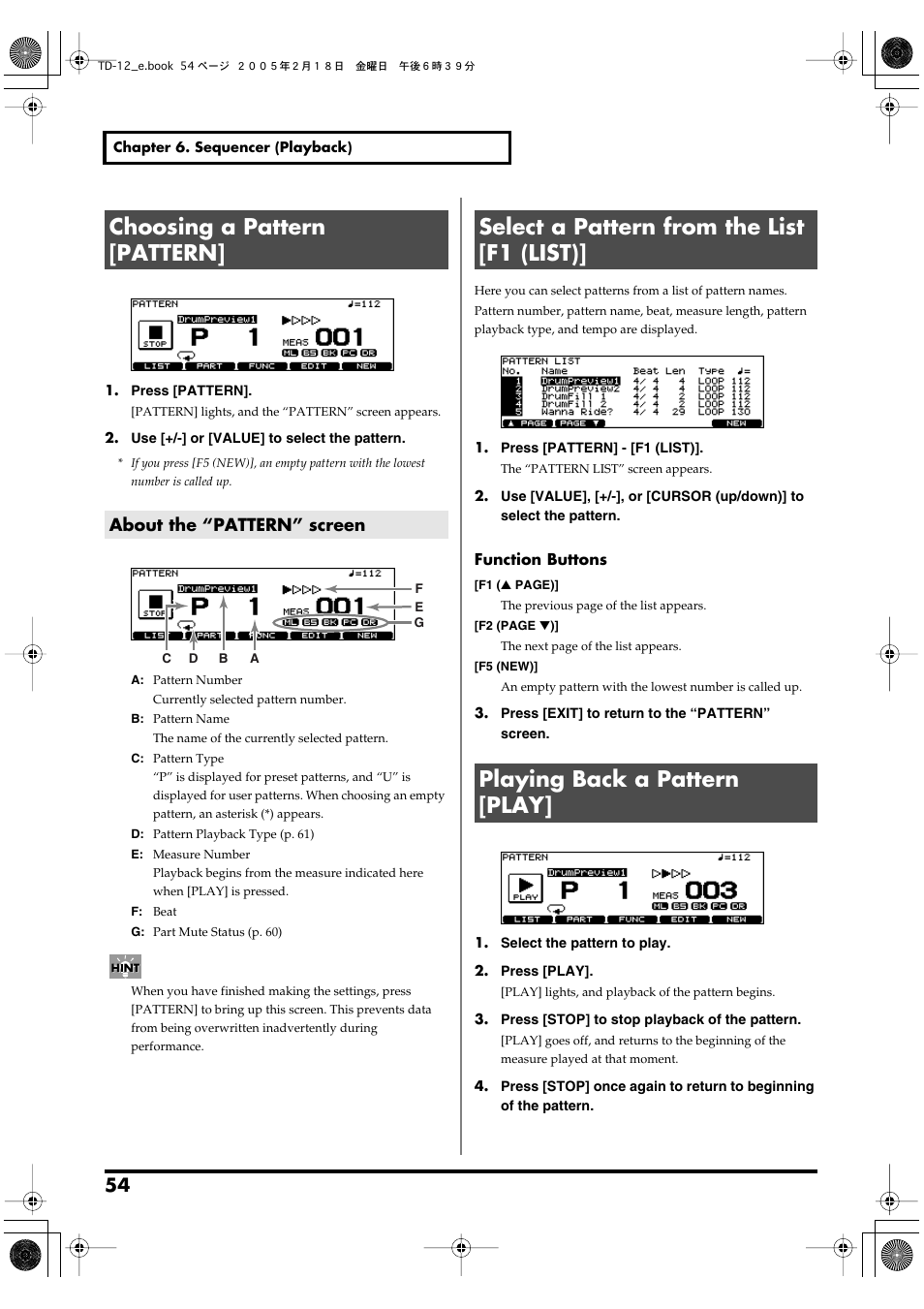 Choosing a pattern [pattern, About the “pattern” screen, Select a pattern from the list [f1 (list) | Playing back a pattern [play | Roland TD-12 User Manual | Page 54 / 108