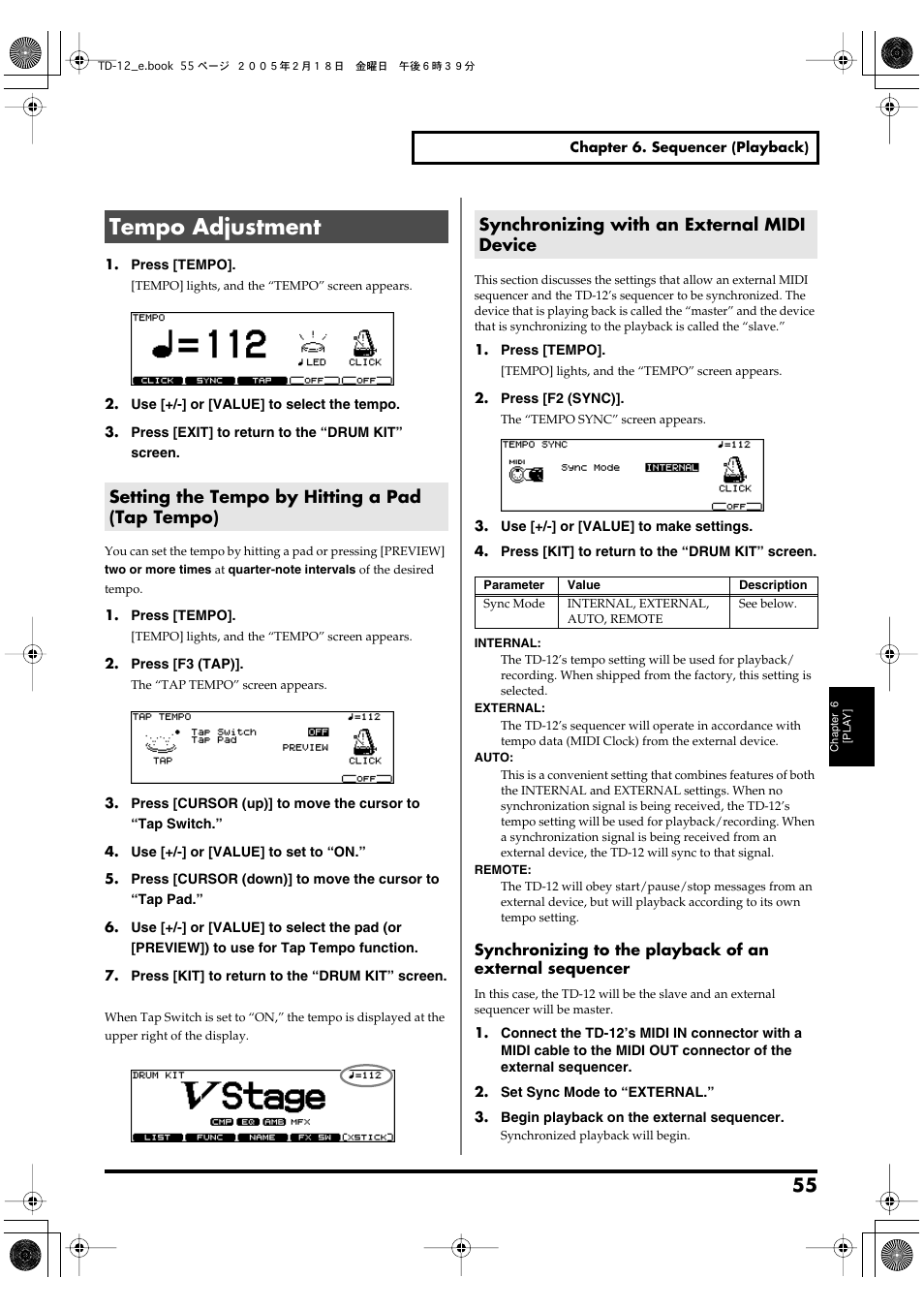 Tempo adjustment, Setting the tempo by hitting a pad (tap tempo), Synchronizing with an external midi device | Tempo; p. 55) | Roland TD-12 User Manual | Page 55 / 108