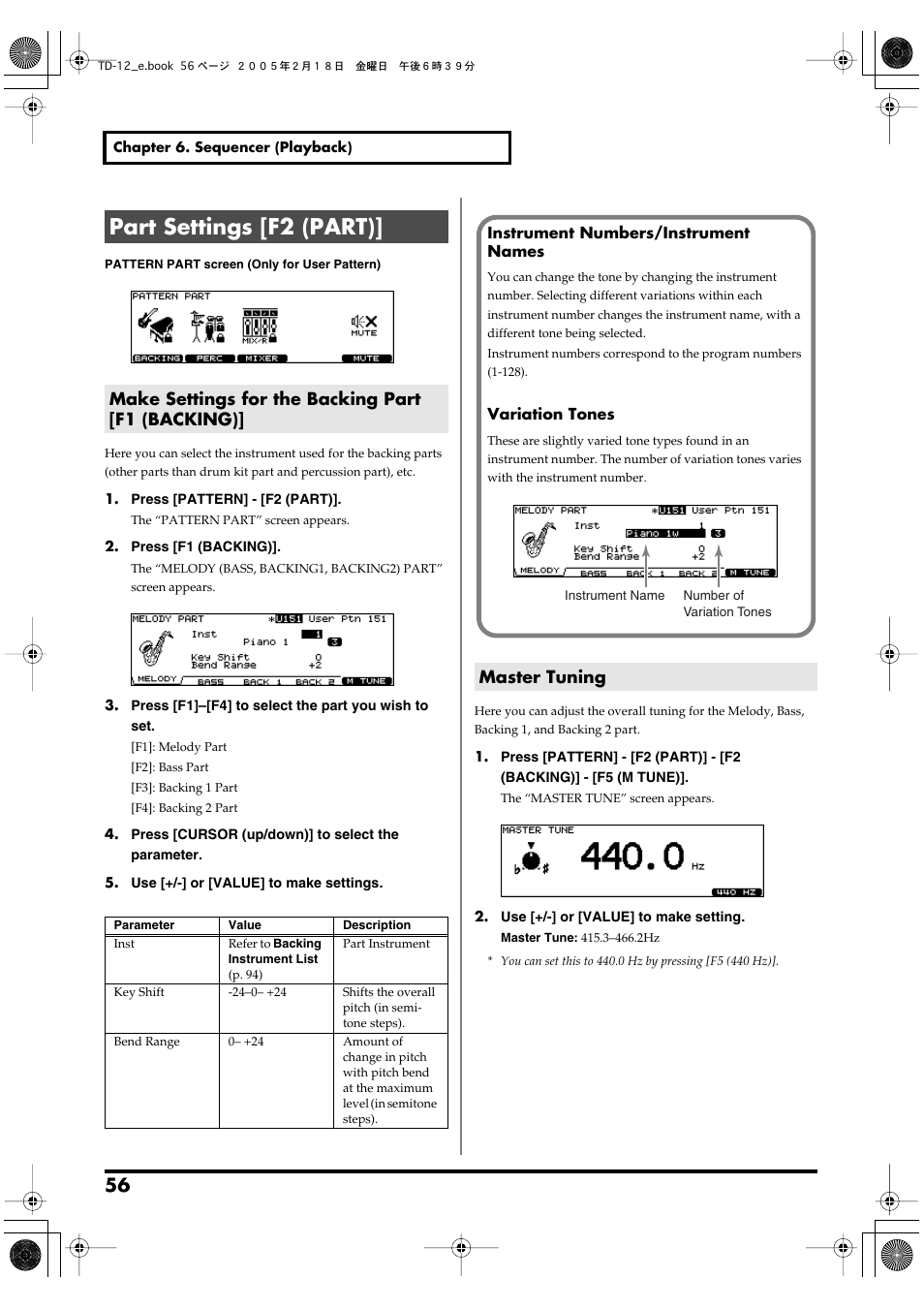 Part settings [f2 (part), Make settings for the backing part [f1 (backing), Master tuning | Backing part (p. 56) | Roland TD-12 User Manual | Page 56 / 108