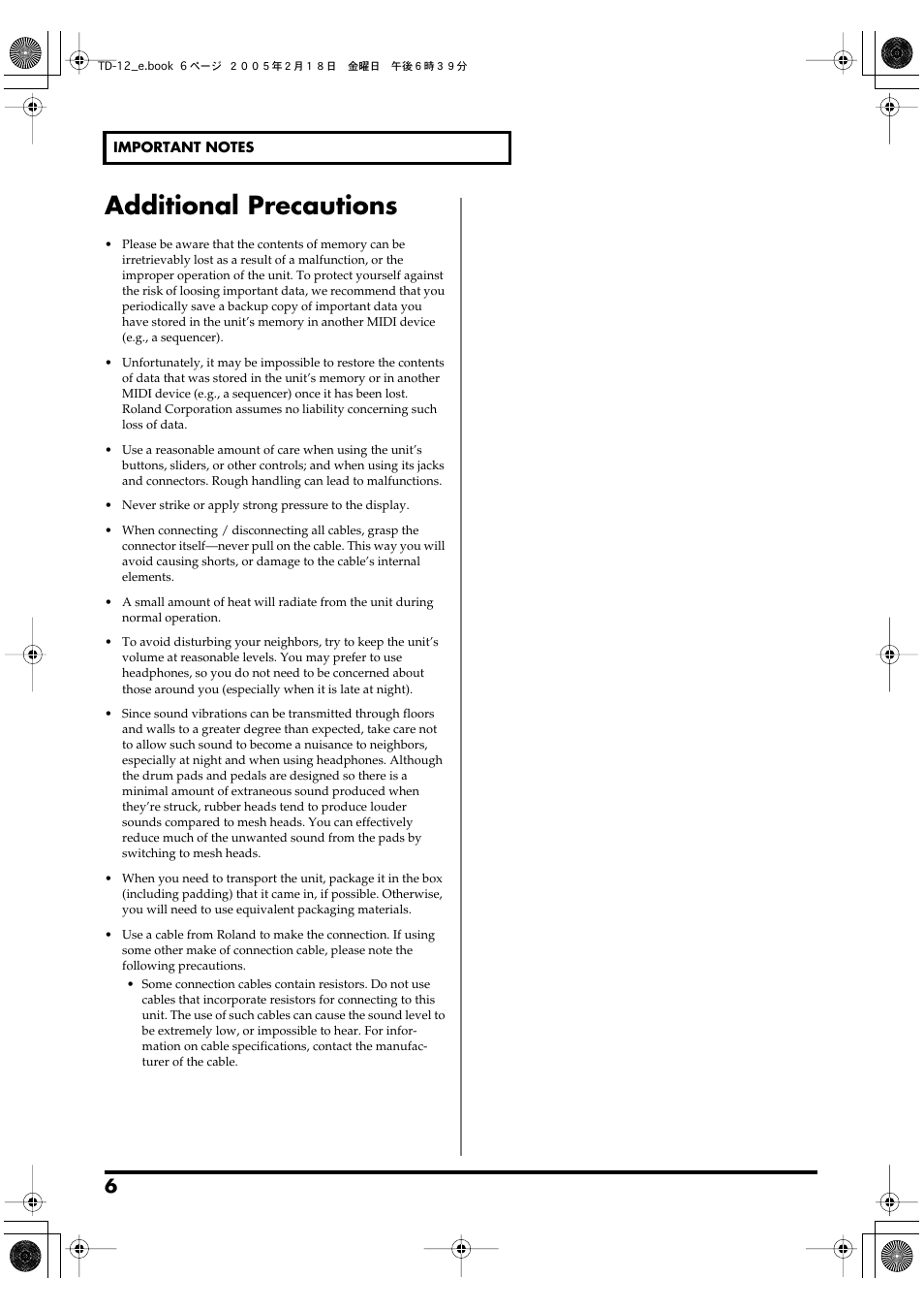 Additional precautions | Roland TD-12 User Manual | Page 6 / 108