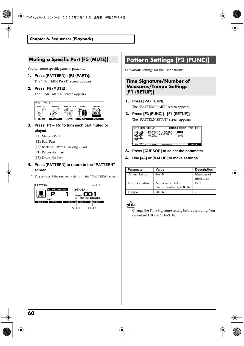 Muting a specific part [f5 (mute), Pattern settings [f3 (func) | Roland TD-12 User Manual | Page 60 / 108