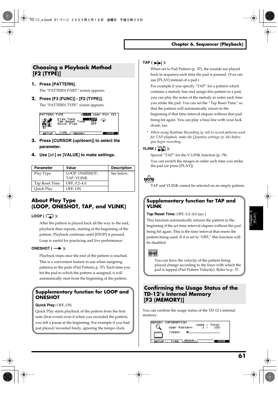 Choosing a playback method [f2 (type), About play type (loop, oneshot, tap, and vlink) | Roland TD-12 User Manual | Page 61 / 108
