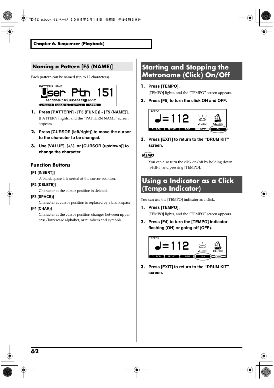Naming a pattern [f5 (name), Starting and stopping the metronome (click) on/off, Using a indicator as a click (tempo indicator) | Metronome click (p. 62) | Roland TD-12 User Manual | Page 62 / 108
