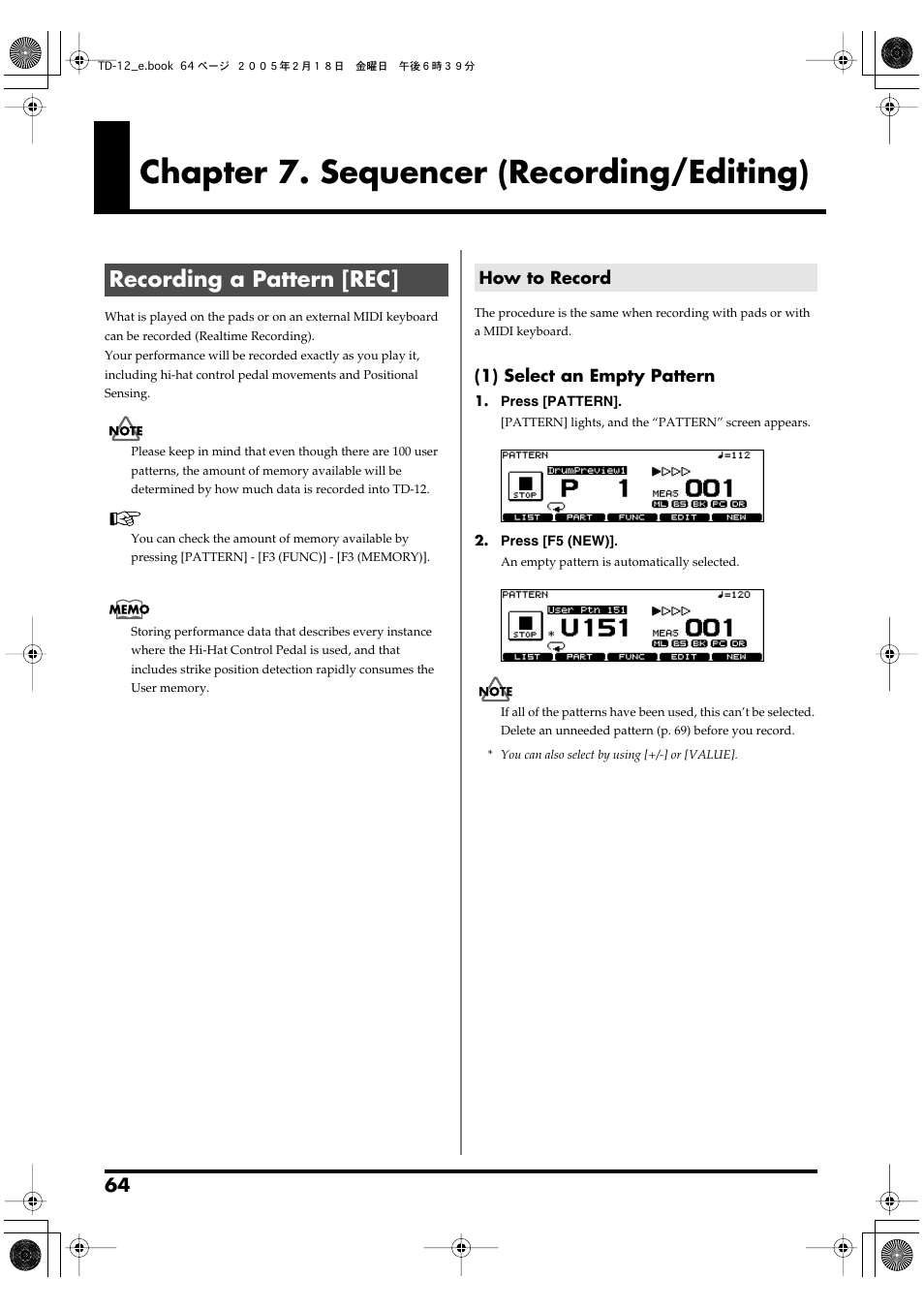 Chapter 7. sequencer (recording/editing), Recording a pattern [rec, How to record | Roland TD-12 User Manual | Page 64 / 108