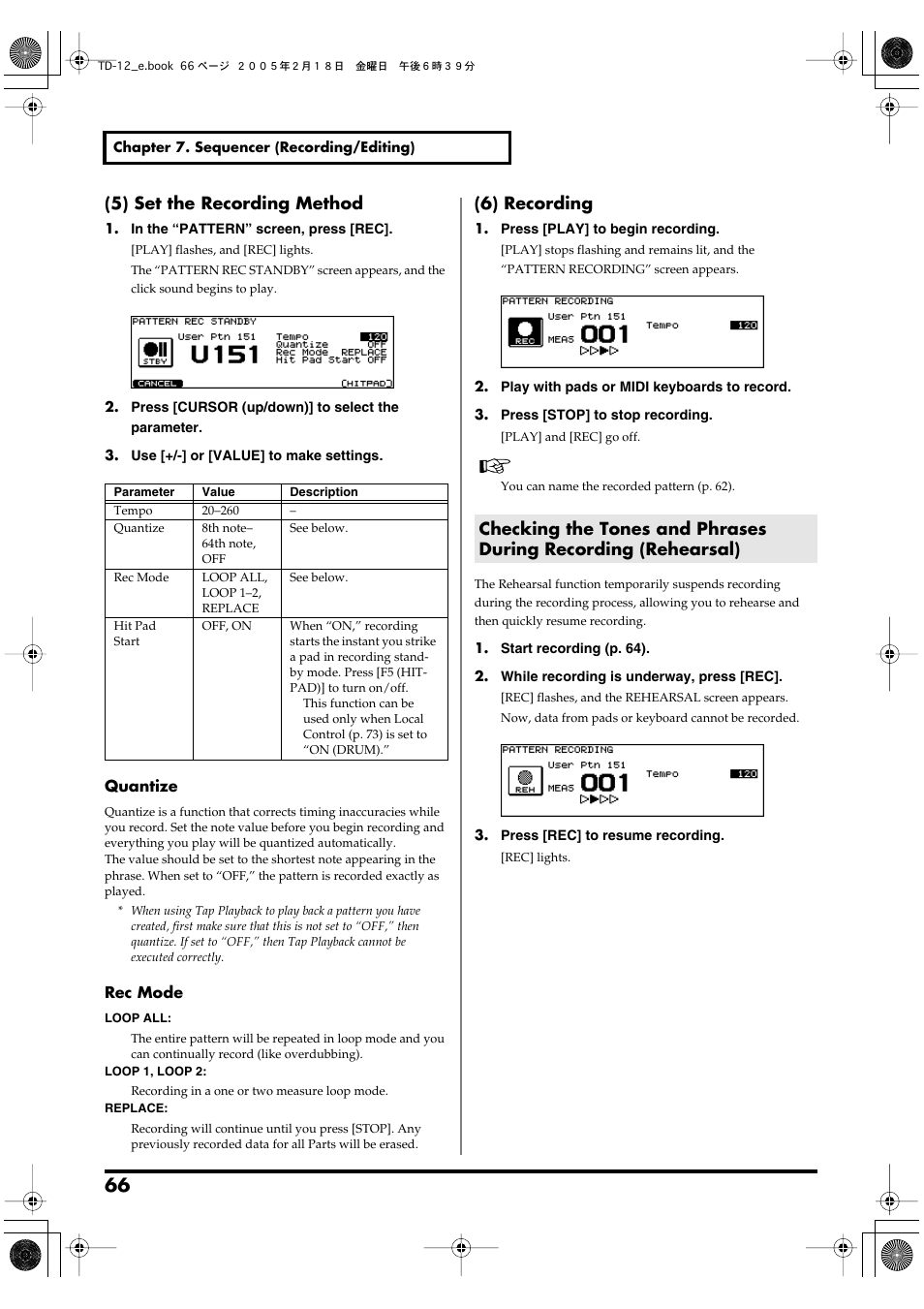 5) set the recording method, 6) recording | Roland TD-12 User Manual | Page 66 / 108