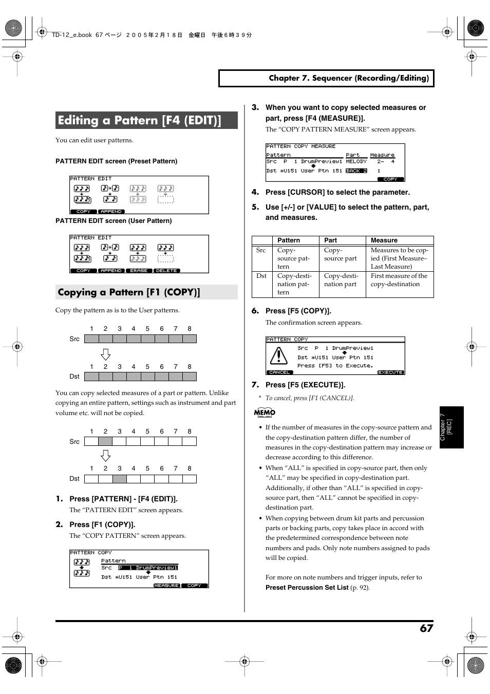 Editing a pattern [f4 (edit), Copying a pattern [f1 (copy) | Roland TD-12 User Manual | Page 67 / 108