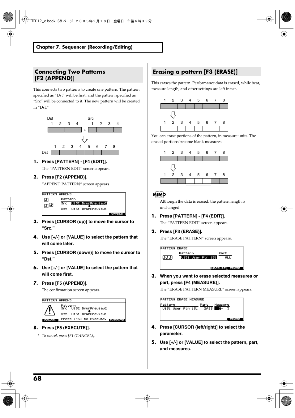 Connecting two patterns [f2 (append), Erasing a pattern [f3 (erase) | Roland TD-12 User Manual | Page 68 / 108