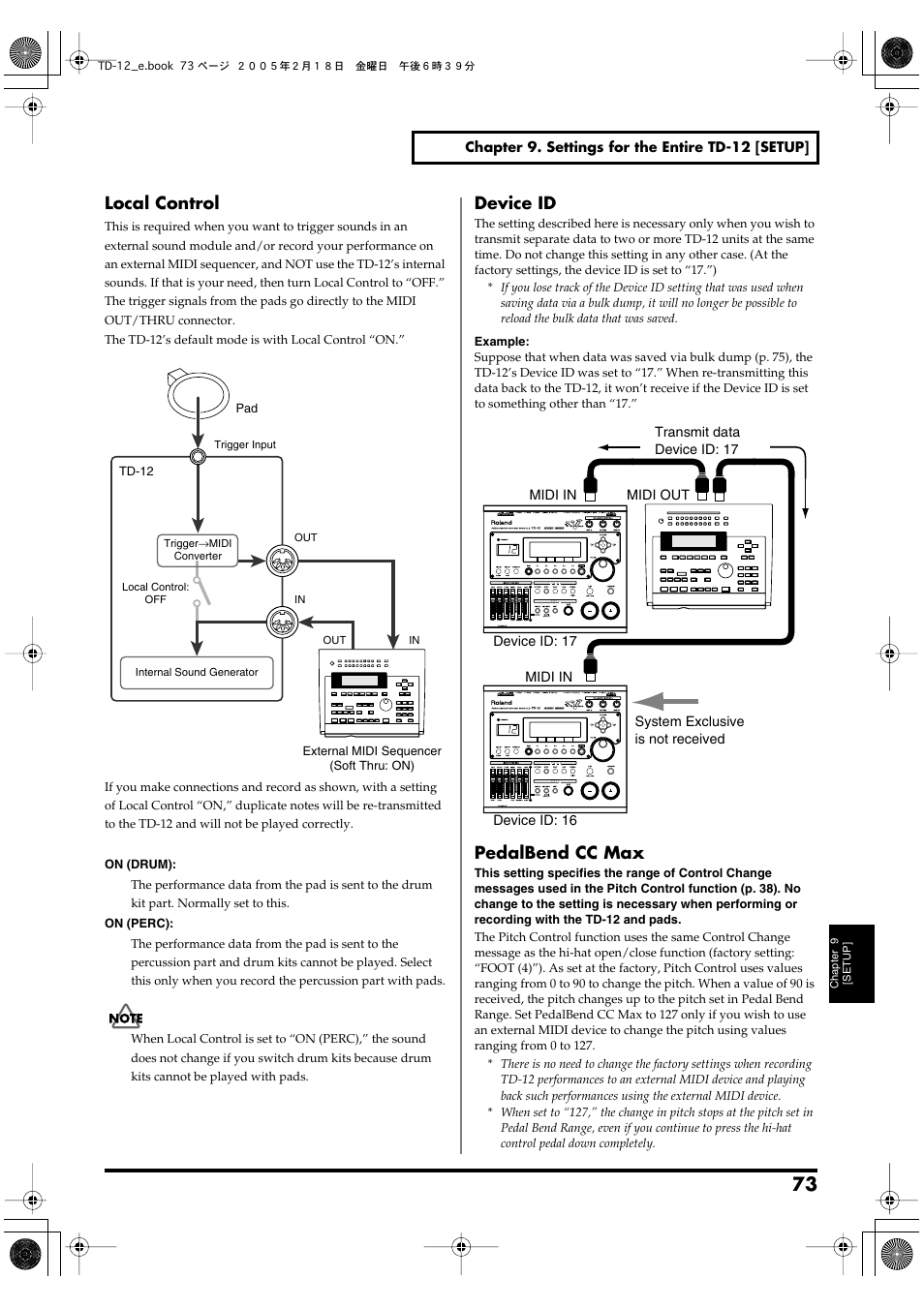 Local control to “on (perc)” (p. 73), Local control, Device id | Pedalbend cc max | Roland TD-12 User Manual | Page 73 / 108