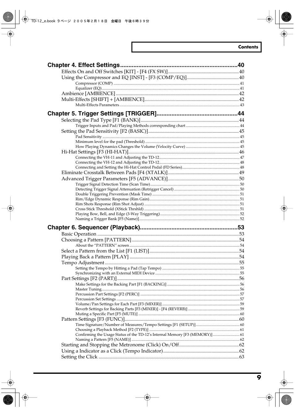 Chapter 4. effect settings, Chapter 5. trigger settings [trigger, Chapter 6. sequencer (playback) | Roland TD-12 User Manual | Page 9 / 108