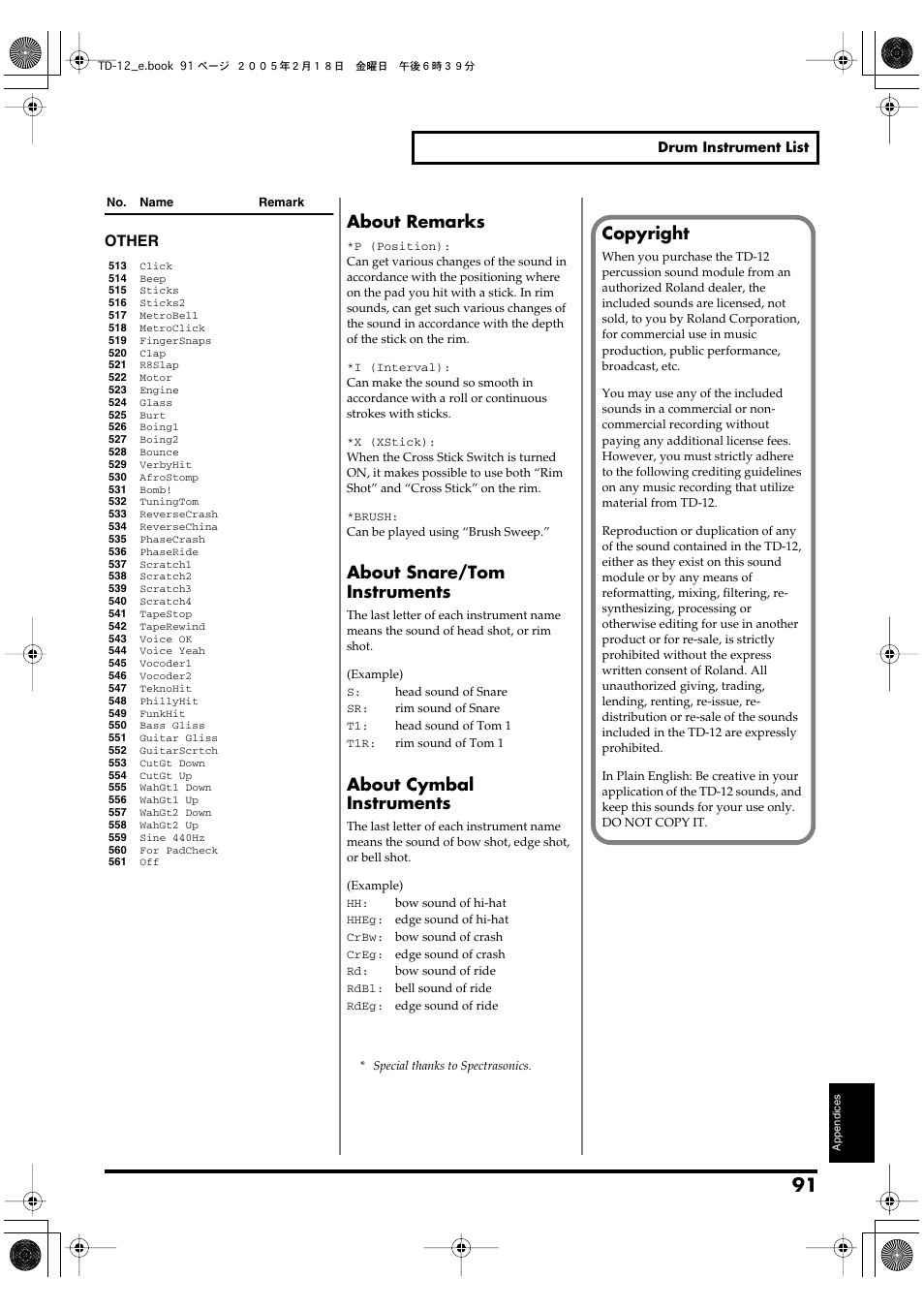 You use when making rim shots (p. 91), Instrument marked with “*p” (p. 91), Instrument marked with “*i” (p. 91) | Instrument marked with “*x” (p. 91), About remarks, About snare/tom instruments, About cymbal instruments, Copyright, Other | Roland TD-12 User Manual | Page 91 / 108