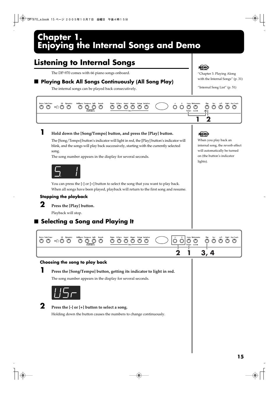 Chapter 1. enjoying the internal songs and demo, Listening to internal songs, Selecting a song and playing it | Enjoying the internal songs, P. 15, Performances (p. 15, p. 35) | Roland DP-970 User Manual | Page 15 / 60