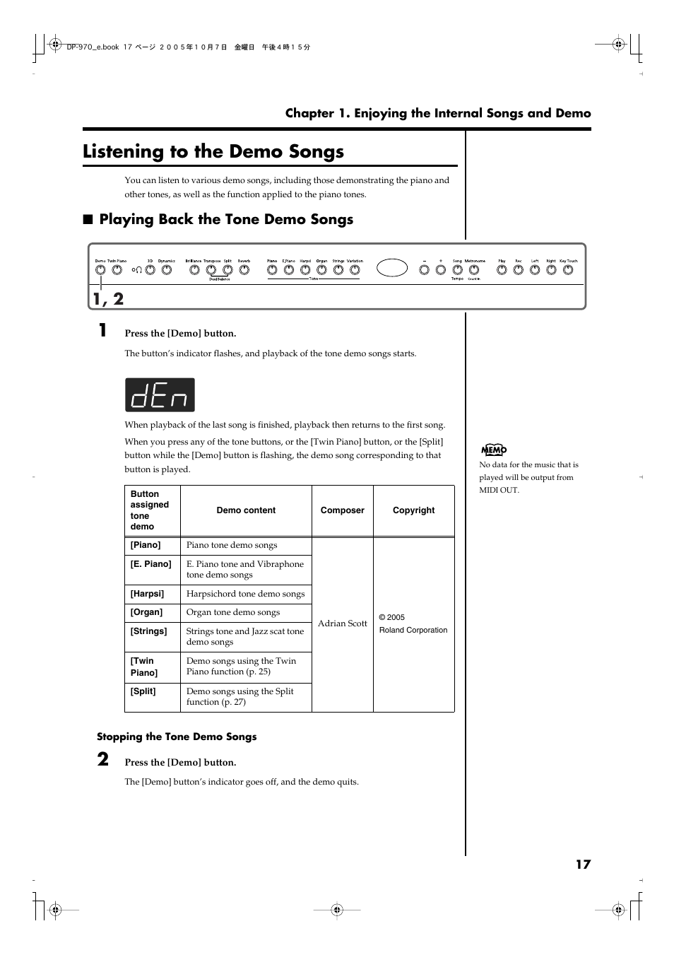 Listening to the demo songs, Playing back the tone demo songs, Well as a demo of the various functions (p. 17) | Roland DP-970 User Manual | Page 17 / 60