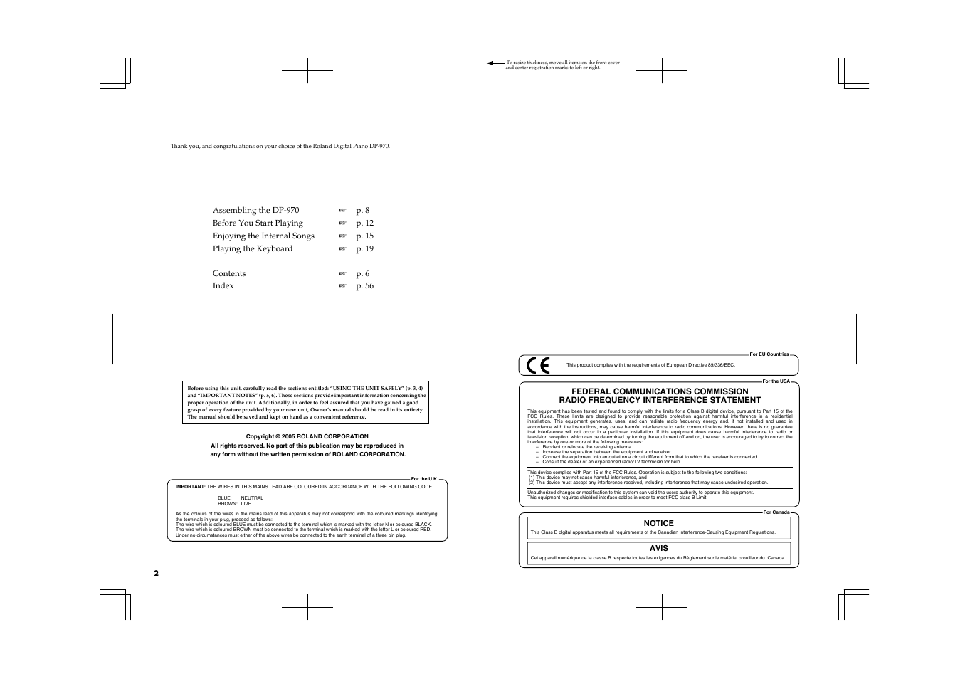 Assembling the dp-970, P. 8 before you start playing, P. 12 enjoying the internal songs | P. 15 playing the keyboard, P. 19 contents, P. 6 index, P. 56 | Roland DP-970 User Manual | Page 2 / 60
