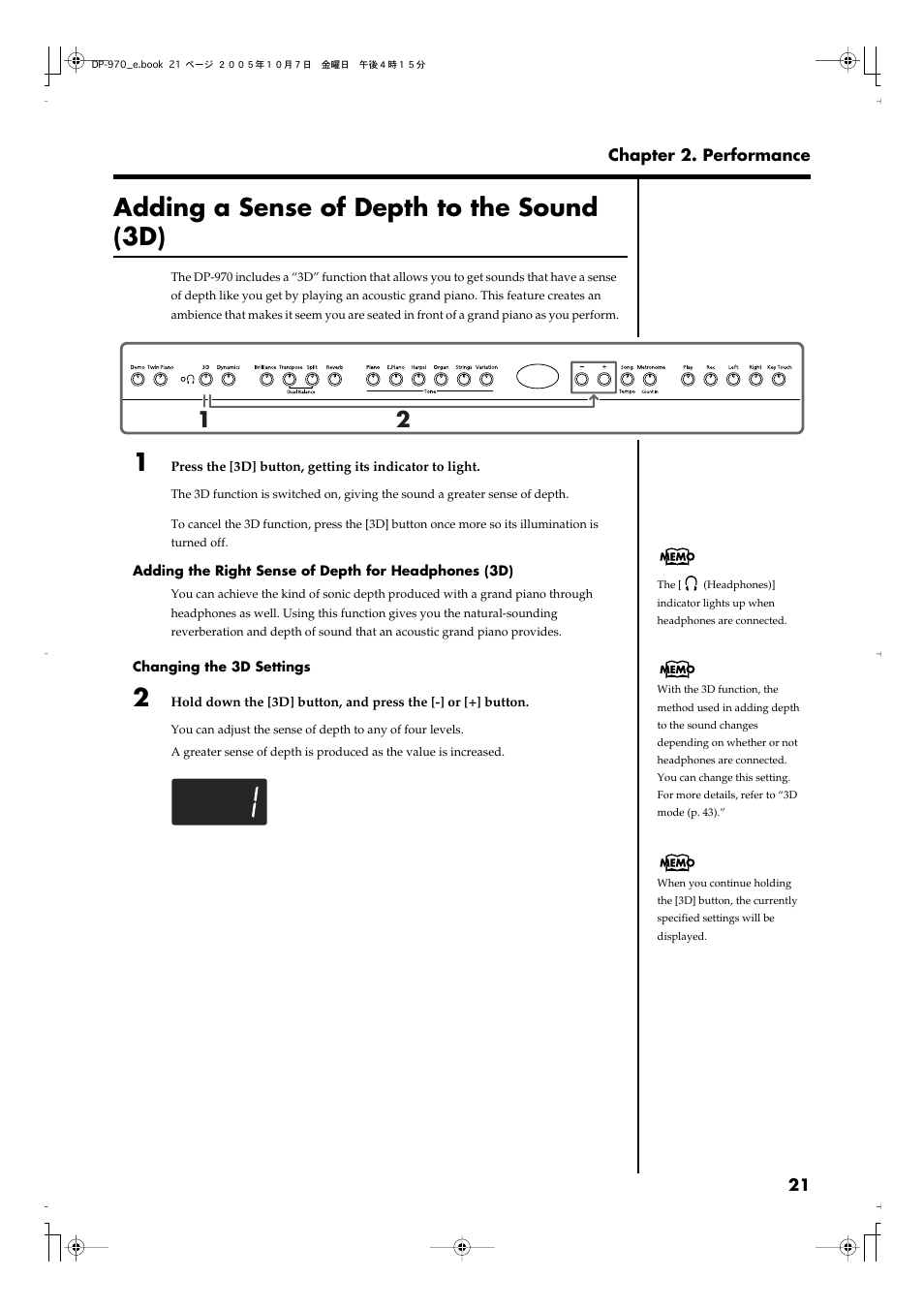 Adding a sense of depth to the sound (3d), Adds a sense of depth to the sound (p. 21) | Roland DP-970 User Manual | Page 21 / 60