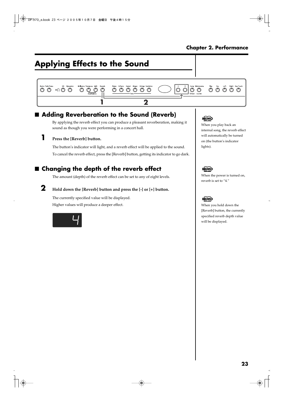 Applying effects to the sound, Adding reverberation to the sound (reverb), Changing the depth of the reverb effect | Adds reverberation to the sound (p. 23) | Roland DP-970 User Manual | Page 23 / 60