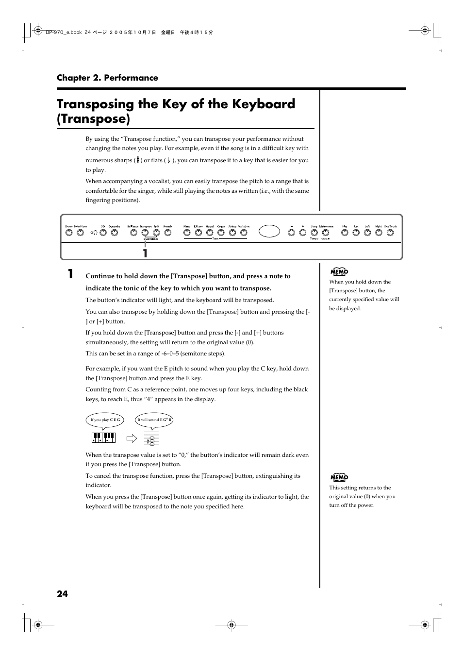 Transposing the key of the keyboard (transpose), Transposes the pitch of the keyboard (p. 24) | Roland DP-970 User Manual | Page 24 / 60