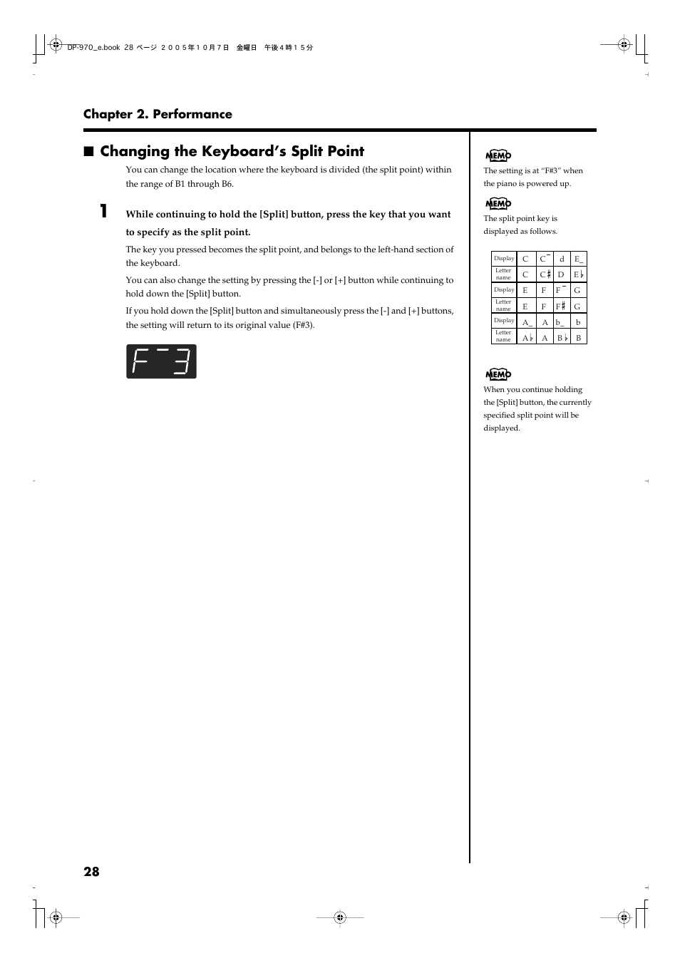 Changing the keyboard’s split point, 28 chapter 2. performance | Roland DP-970 User Manual | Page 28 / 60