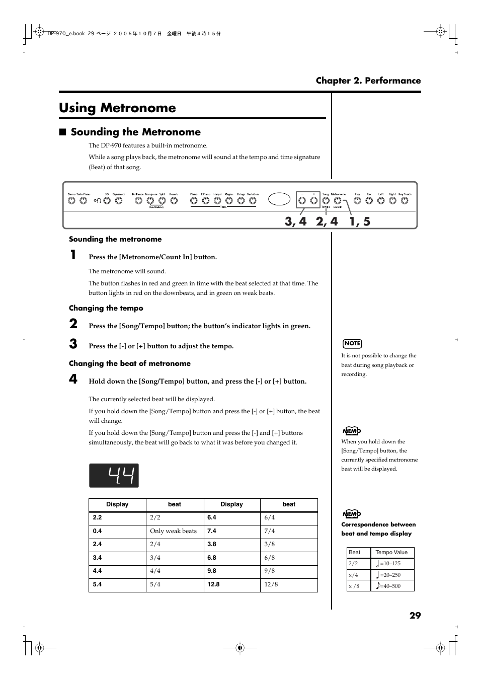 Using metronome, Sounding the metronome | Roland DP-970 User Manual | Page 29 / 60