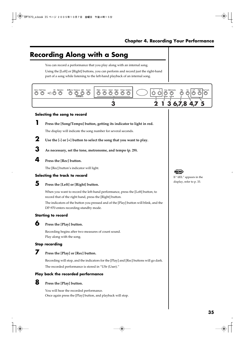 Recording along with a song, Recording along with a song” p. 35) | Roland DP-970 User Manual | Page 35 / 60