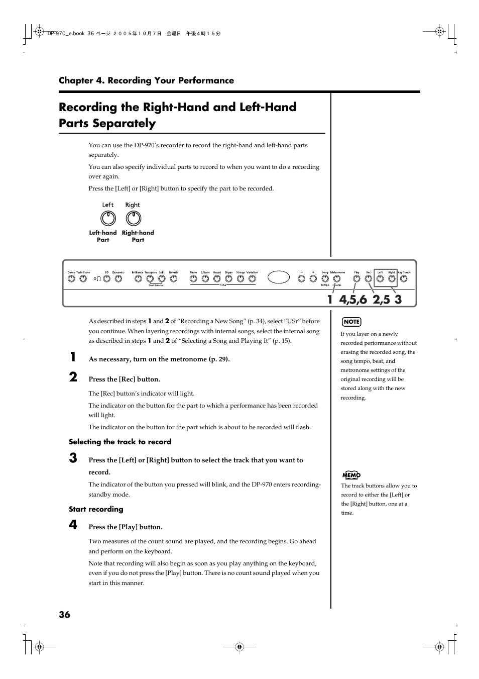 Recording the right-hand and left-hand, Parts separately” p. 36), To “recording the right-hand | And left-hand parts, Separately” (p. 36) | Roland DP-970 User Manual | Page 36 / 60