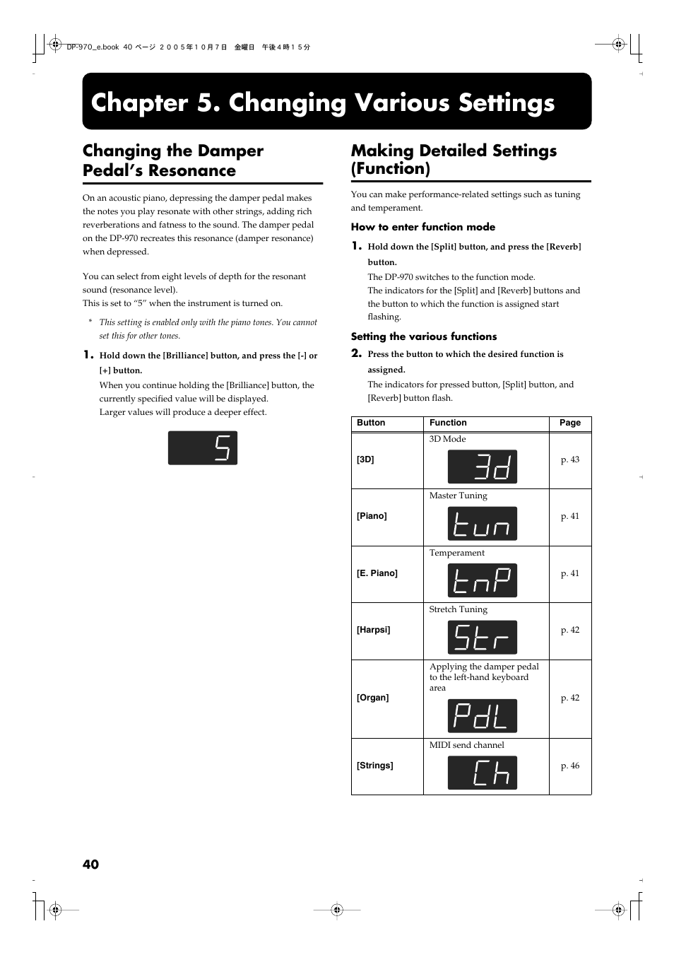 Chapter 5. changing various settings, Changing the damper pedal’s resonance, Making detailed settings (function) | Roland DP-970 User Manual | Page 40 / 60