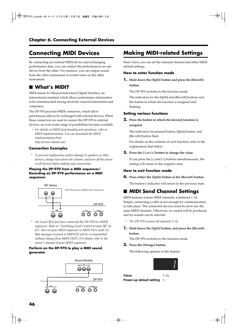 Connecting midi devices, What’s midi, Making midi-related settings | Midi send channel settings, Performance data (p. 46), P. 46, 46 chapter 6. connecting external devices | Roland DP-970 User Manual | Page 46 / 60