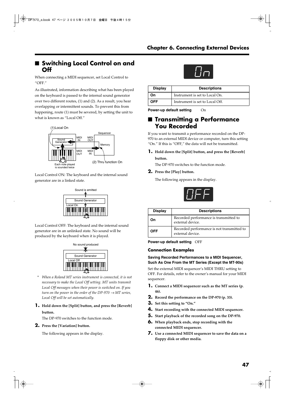 Switching local control on and off, Transmitting a performance you recorded, P. 47 | 47 chapter 6. connecting external devices | Roland DP-970 User Manual | Page 47 / 60
