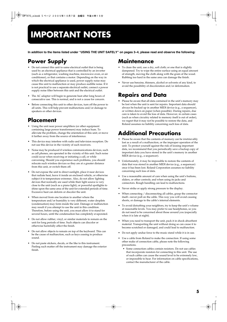 Important notes, Power supply, Placement | Maintenance, Repairs and data, Additional precautions | Roland DP-970 User Manual | Page 5 / 60