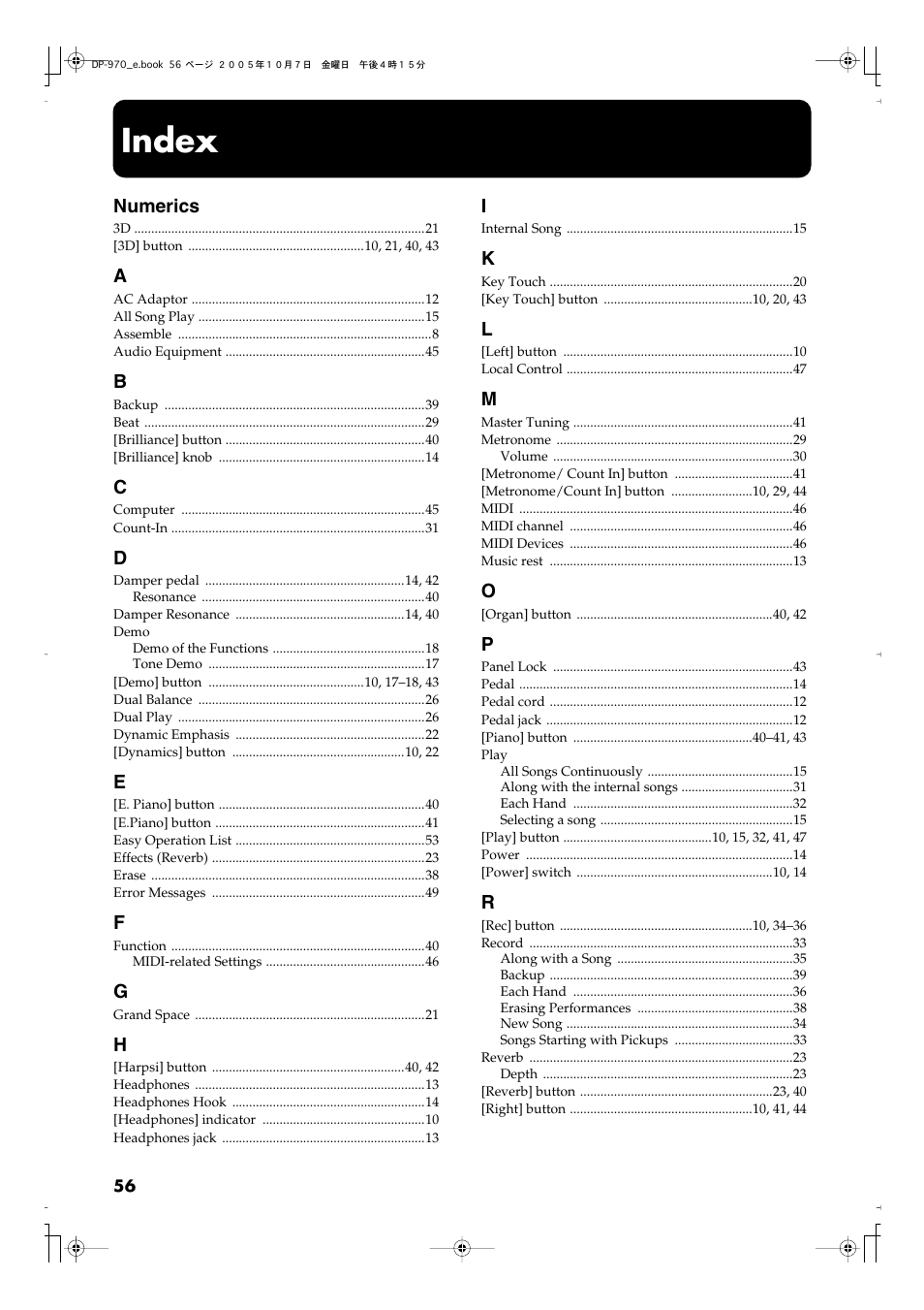 Index, P. 56 | Roland DP-970 User Manual | Page 56 / 60