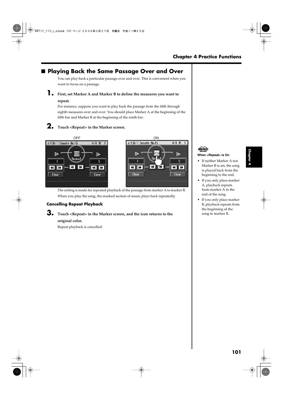 Playing back the same passage over and over, A section to be repeated (p, 101), you can rewind and fast | Roland KR-115 User Manual | Page 101 / 228