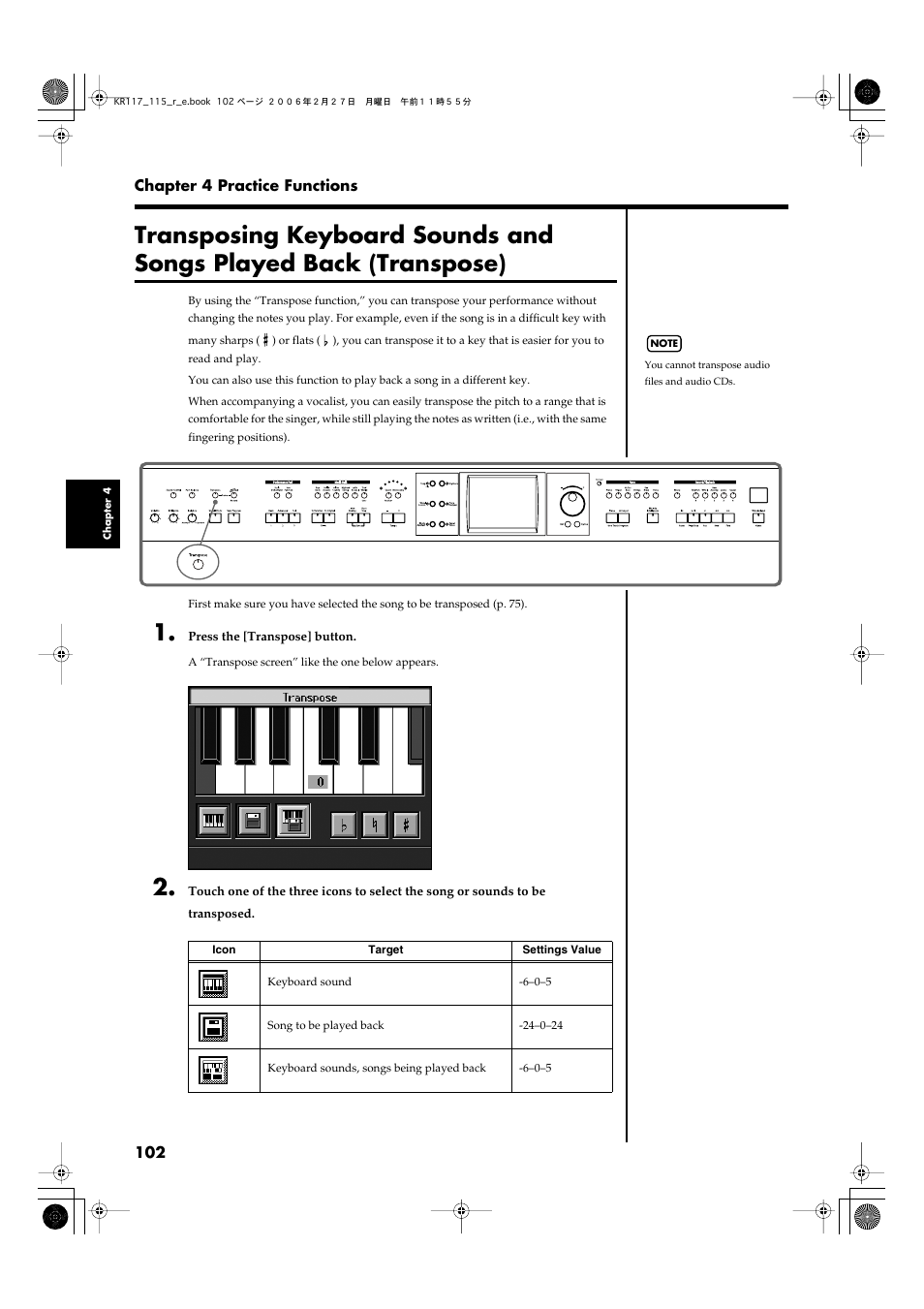 Played (p. 102), Setting (p. 102) can also be, Transposing (p. 102) | Roland KR-115 User Manual | Page 102 / 228