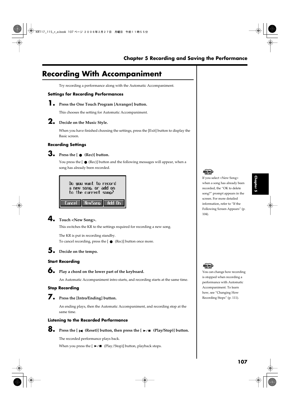 Recording with accompaniment, Recording with accompaniment” (p. 107) | Roland KR-115 User Manual | Page 107 / 228