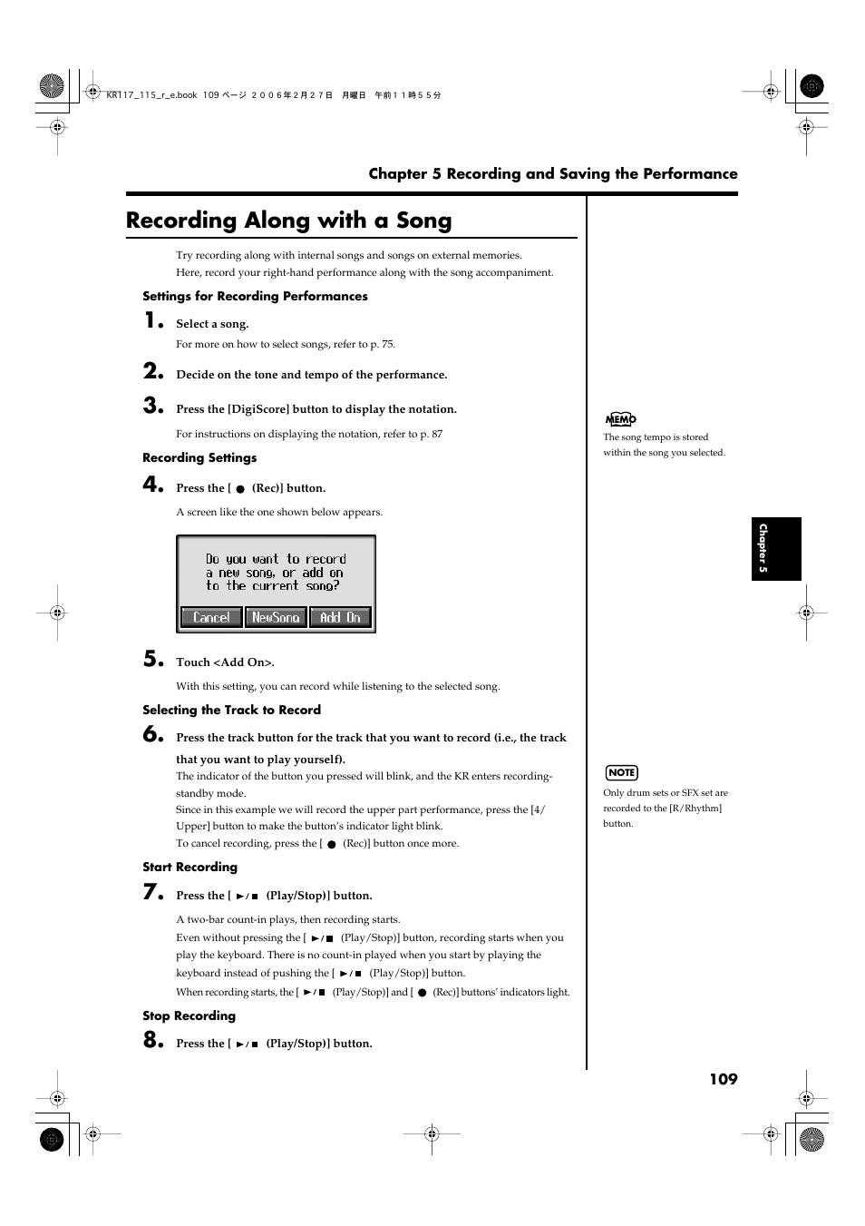 Recording along with a song, Recording along with a song” (p. 109) | Roland KR-115 User Manual | Page 109 / 228