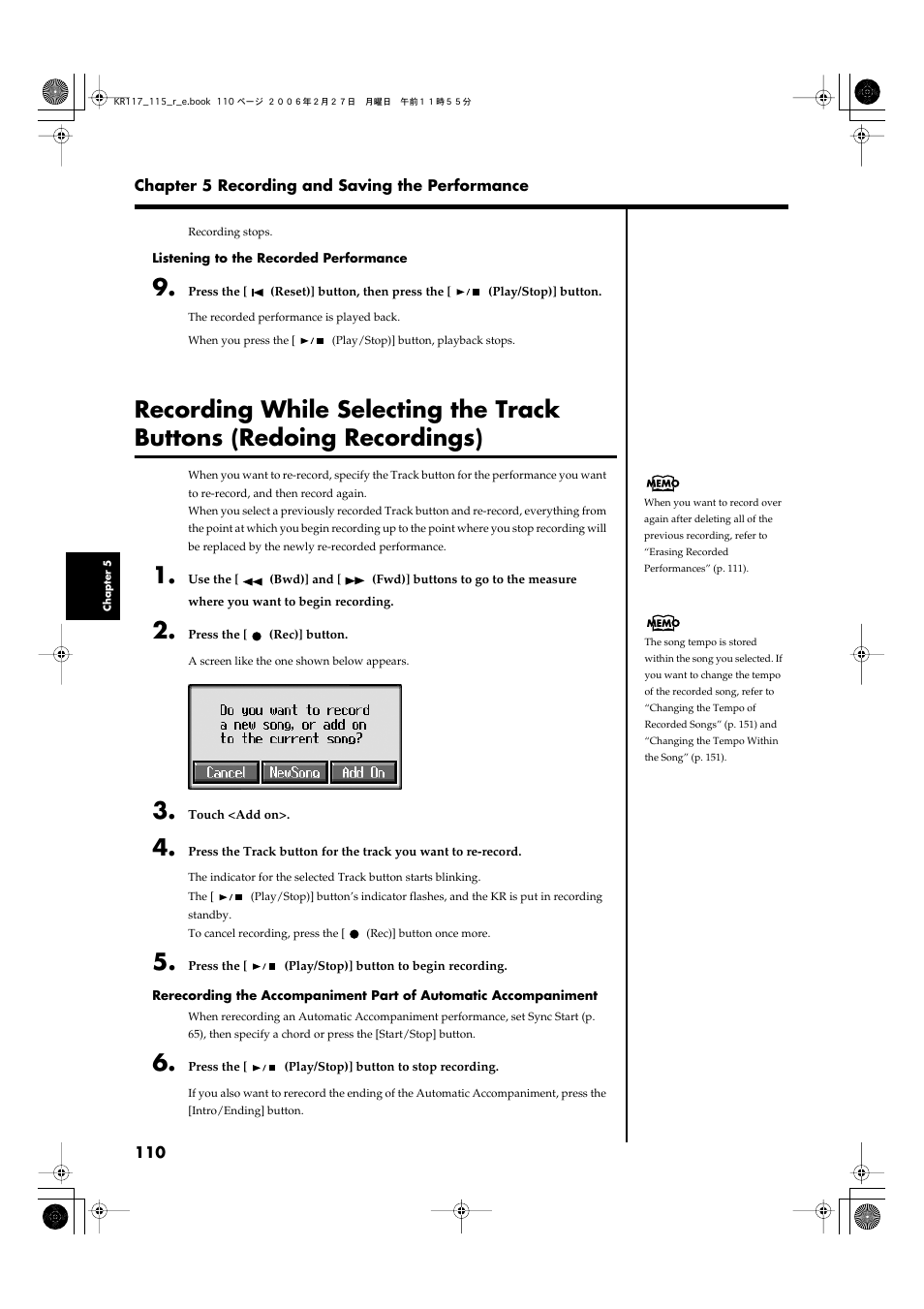 Buttons (redoing recordings)” (p. 110), Modifying the settings of | Roland KR-115 User Manual | Page 110 / 228