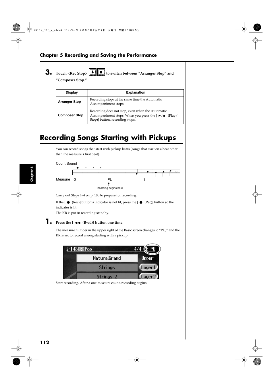 Recording songs starting with pickups | Roland KR-115 User Manual | Page 112 / 228