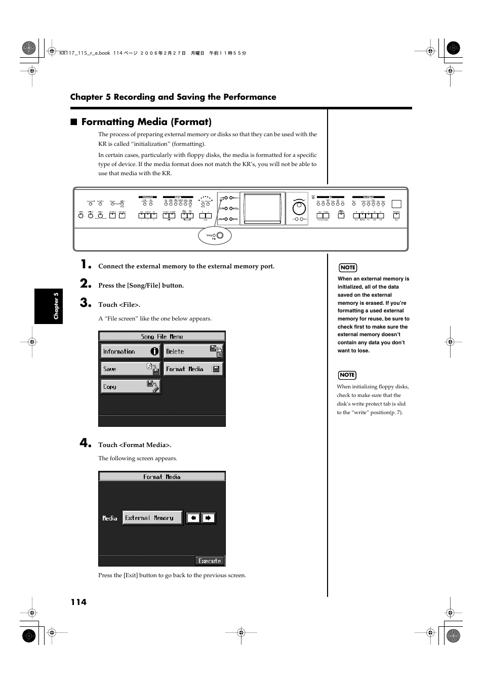 Formatting media (format) | Roland KR-115 User Manual | Page 114 / 228