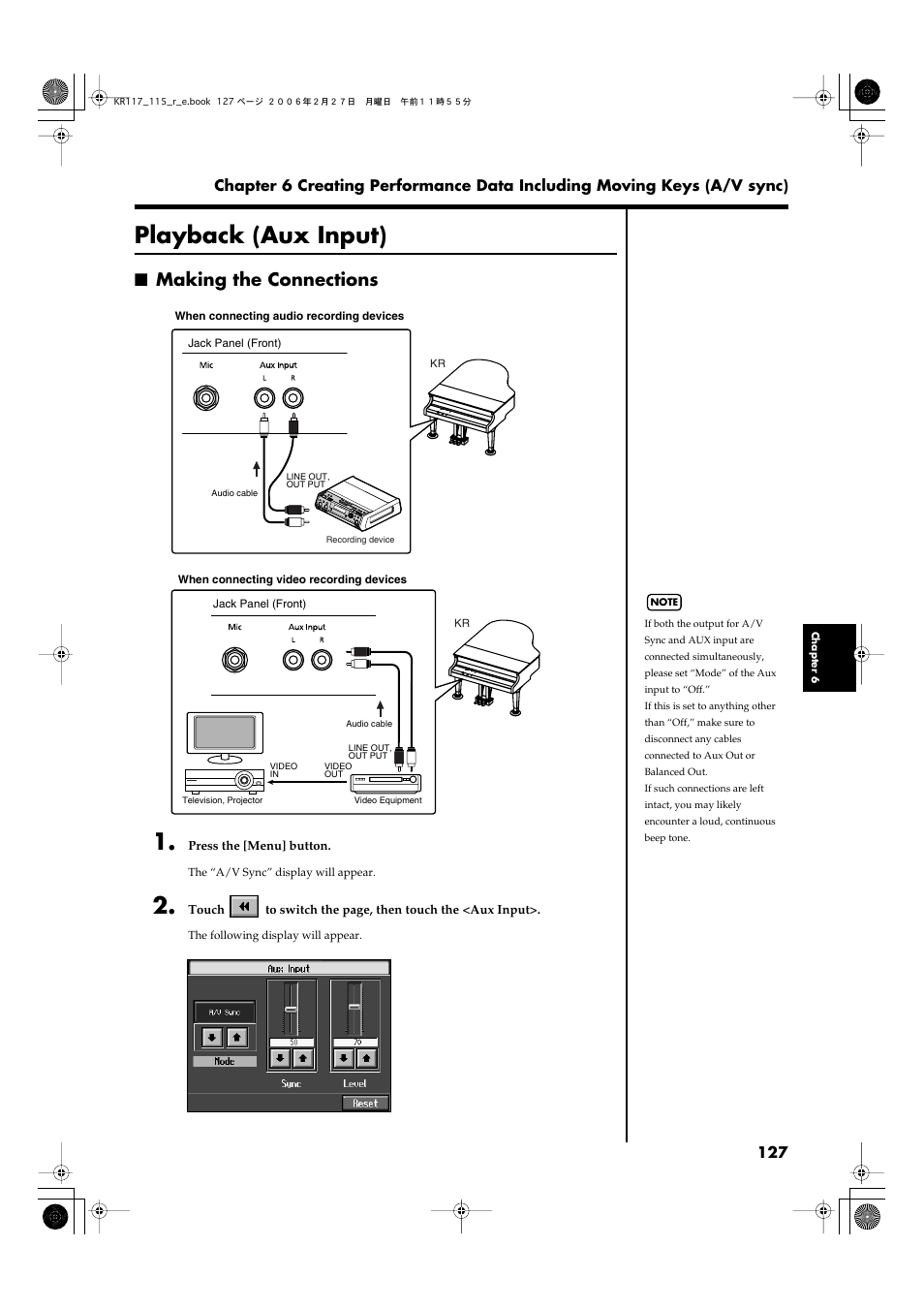 Playback (aux input), Making the connections | Roland KR-115 User Manual | Page 127 / 228