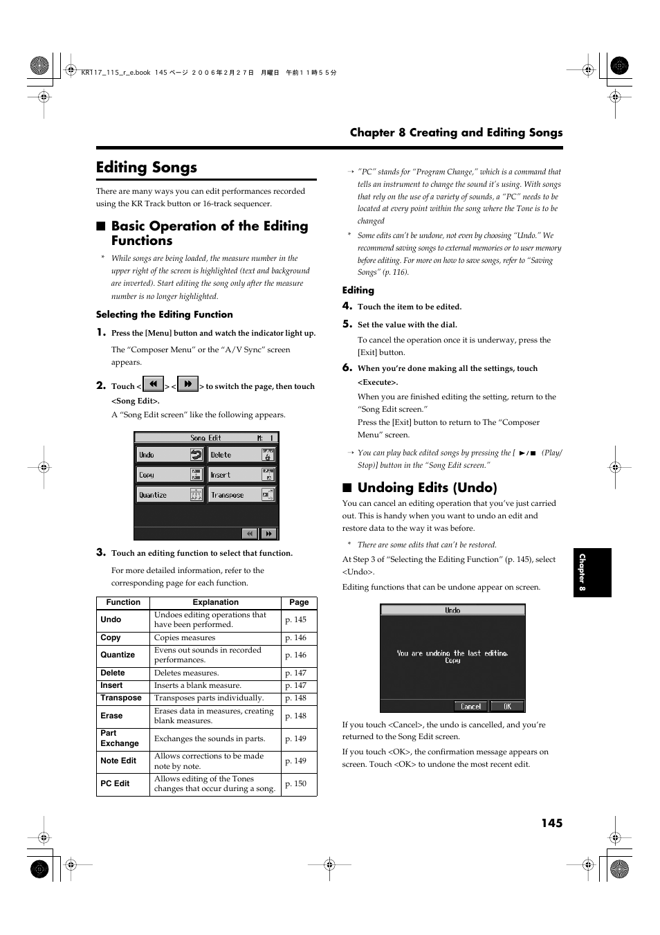 Editing songs, Basic operation of the editing functions, Undoing edits (undo) | Roland KR-115 User Manual | Page 145 / 228