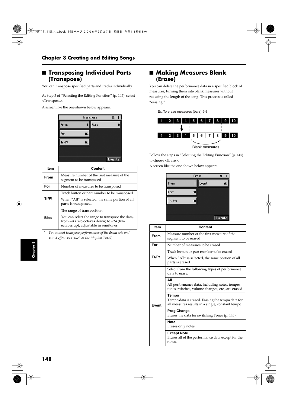 Transposing individual parts (transpose), Making measures blank (erase), P. 148 | 148 chapter 8 creating and editing songs | Roland KR-115 User Manual | Page 148 / 228
