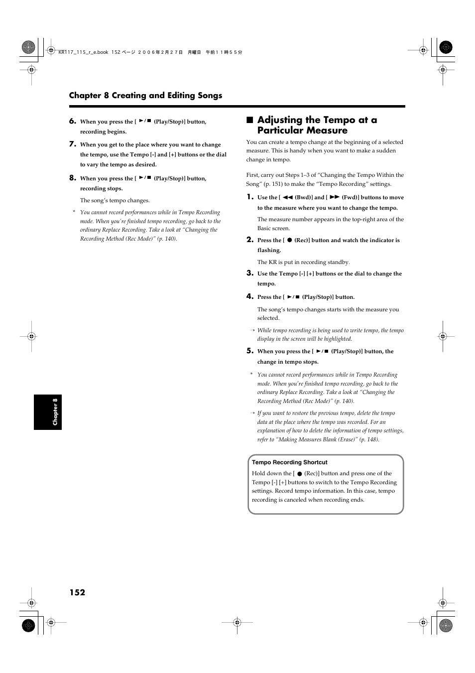 Adjusting the tempo at a particular measure | Roland KR-115 User Manual | Page 152 / 228