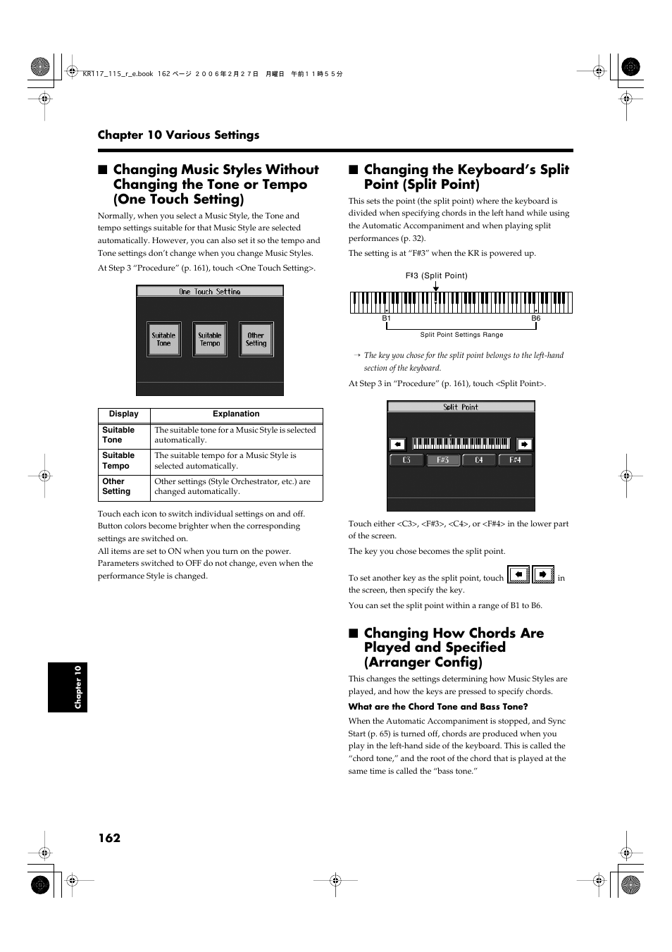 Changing the keyboard’s split point (split point), Refer to “changing the, Keyboard’s split point (split | Point)” (p. 162), Refer to “changing music, Styles without changing the, Tone or tempo (one touch, Setting)” (p. 162), Please refer to “changing the, See “changing how chords | Roland KR-115 User Manual | Page 162 / 228