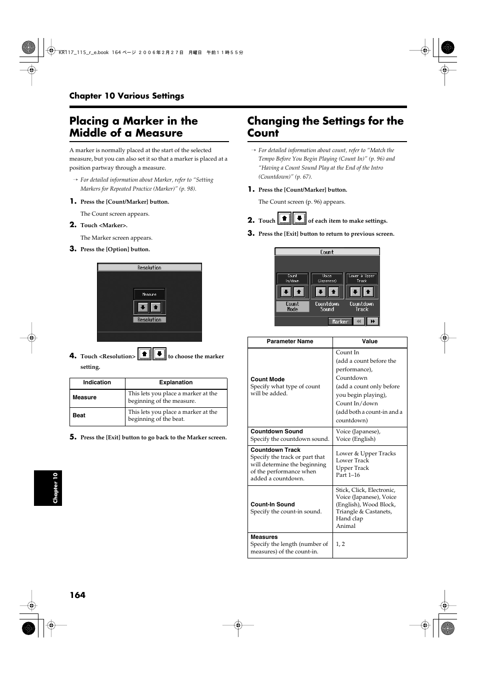 Placing a marker in the middle of a measure, Changing the settings for the count | Roland KR-115 User Manual | Page 164 / 228