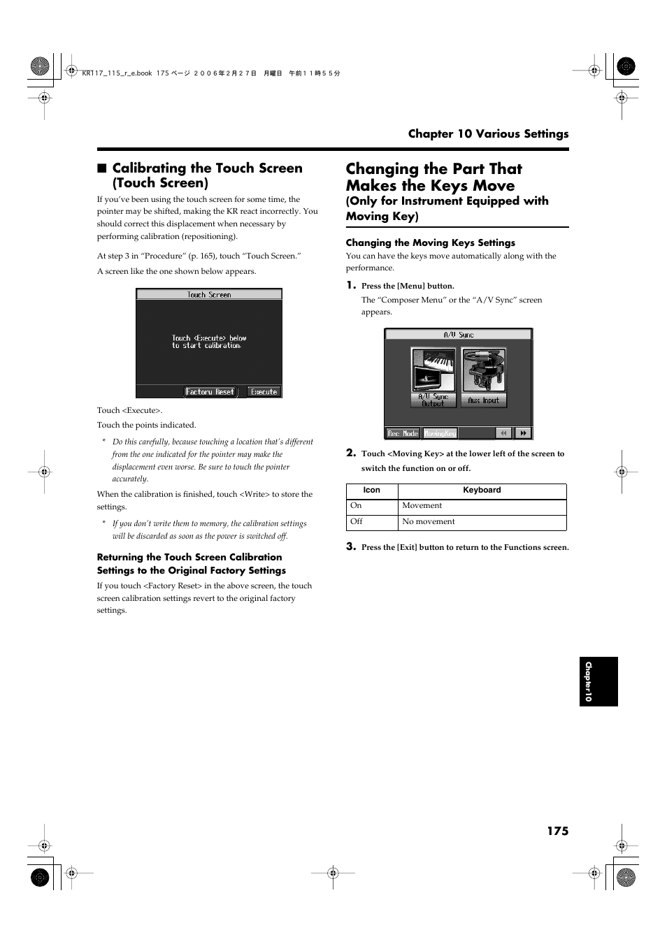 Calibrating the touch screen (touch screen), Changing the part that makes the keys move | Roland KR-115 User Manual | Page 175 / 228