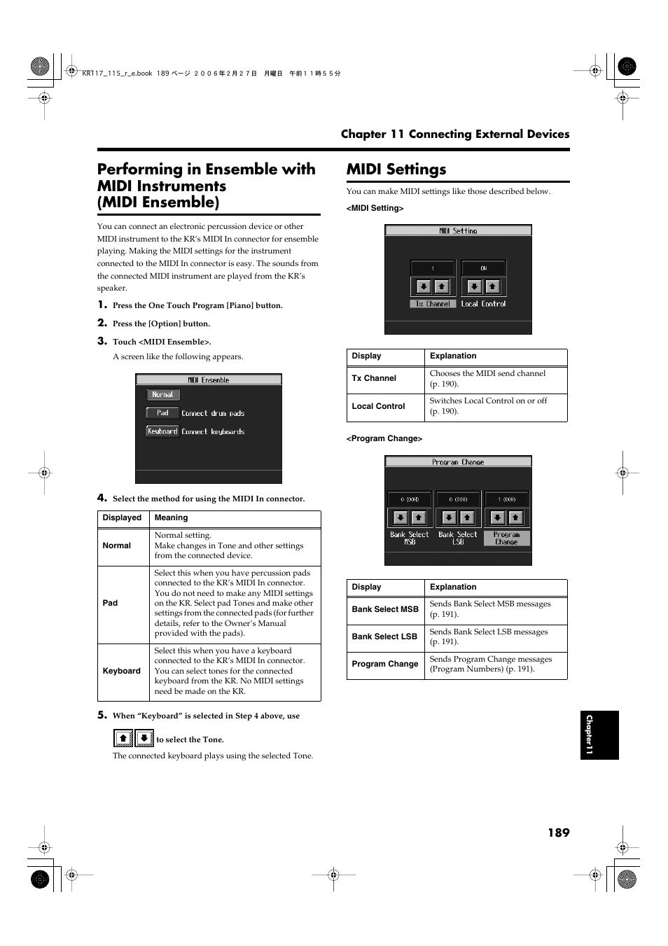 Midi settings, Refer to p. 189 | Roland KR-115 User Manual | Page 189 / 228