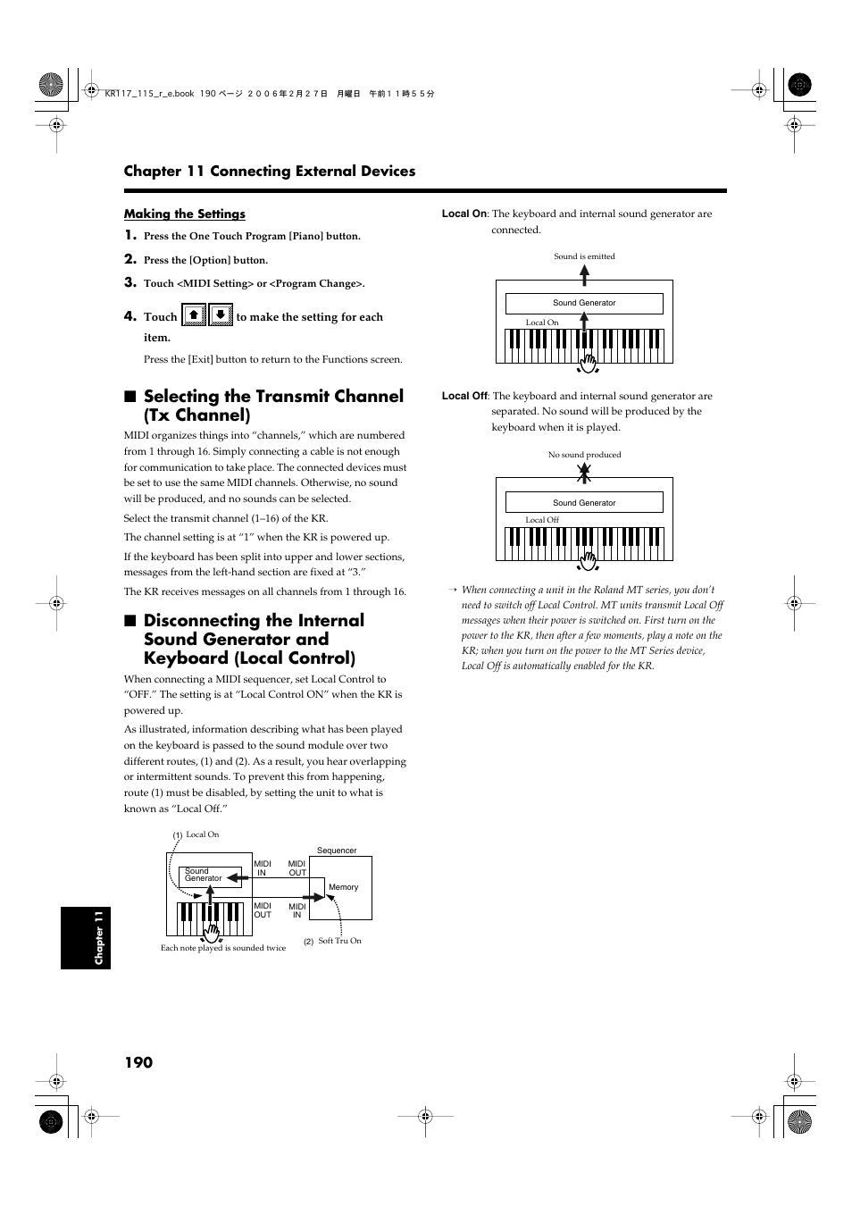Selecting the transmit channel (tx channel), P. 190) | Roland KR-115 User Manual | Page 190 / 228