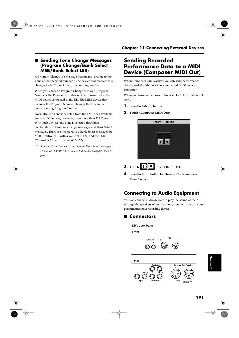 Connecting to audio equipment, Connectors, Through the kr’s speakers (p. 191) | Enjoy more powerful sound (p. 191), Connecting audio equipment (p. 191), P. 191), Program numbers) (p. 191) | Roland KR-115 User Manual | Page 191 / 228