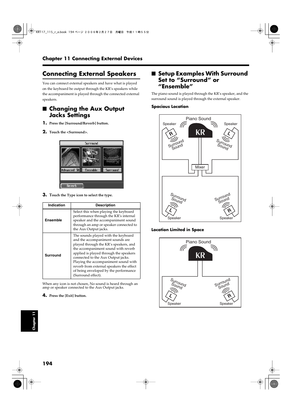 Connecting external speakers, Changing the aux output jacks settings, Play accompaniment or surround sound (p. 194) | Roland KR-115 User Manual | Page 194 / 228