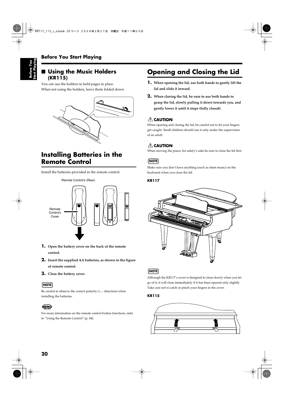 Using the music holders (kr115), Installing batteries in the remote control, Opening and closing the lid | Using the music holders | Roland KR-115 User Manual | Page 20 / 228